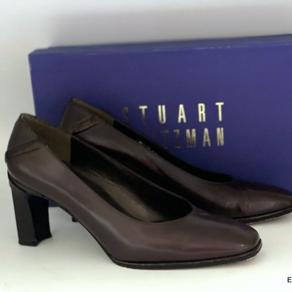 Stuart Weitzman Brown Leather Pumps 6.5 M Patent Croc Heels Square Toe w/ Box